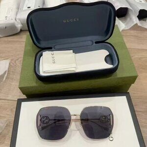 NIB Authentic Gucci SQUARE GOLD GREY WOMEN SUNGLASSES